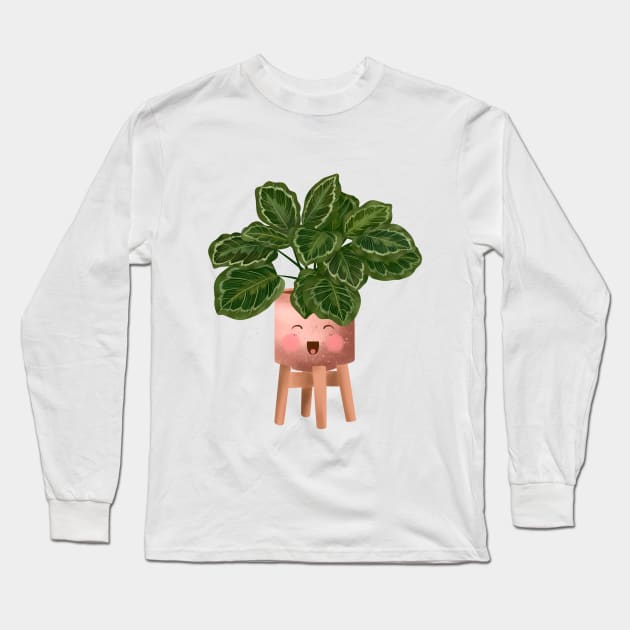 Cute Plant Illustration, Calathea Medallion- Prayer Plant Art Long Sleeve T-Shirt by gusstvaraonica